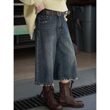 秋冬新款韩系复古街头风毛边直筒牛仔中裤宽松显瘦五分裤女