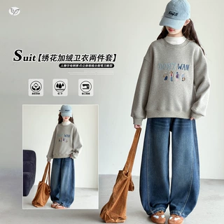 女童冬季新款加绒套头刺绣卡通卫衣中大童韩版加厚保暖百搭上衣潮