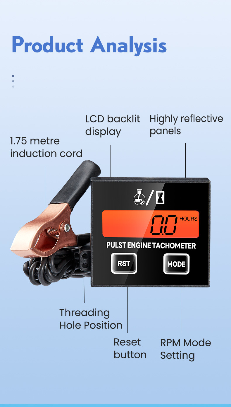 Inductive digital display tachometer for 2-stroke and 4-stroke engines, lawn mower oil accumulation timer tachometer