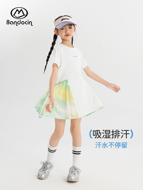 ハーフデグリーレジャーガールズサマースポーツスカート2025新しい子供用半袖ドレスサマーガールクールロングスカート|undefined