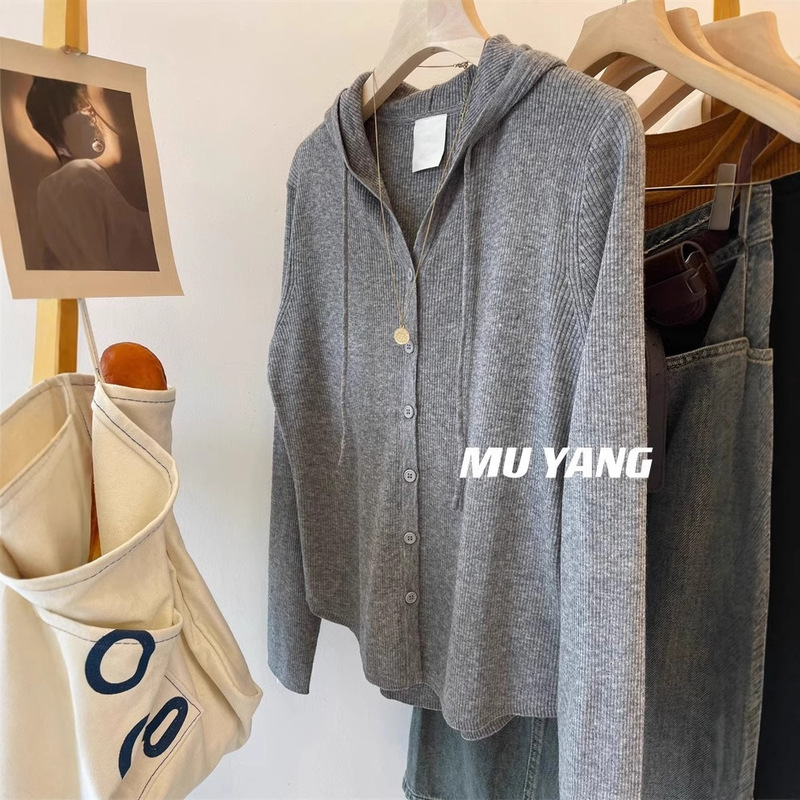 Paper man! Button Hooded Knitted Cardigan Jacket Women's Autumn Fine Wool Fit Slim Look Hoodie Top