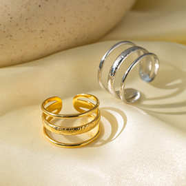 跨境欧美INS冷淡风钛钢戒指三层线条开口戒指18k金不锈钢戒指批发