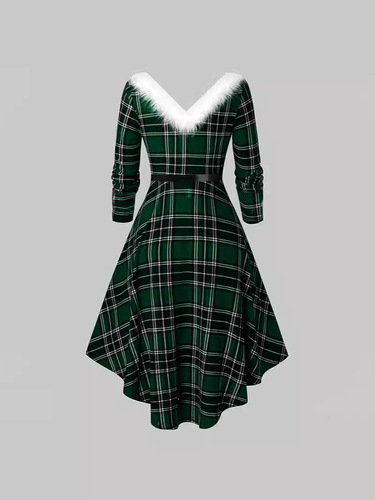 Cross-border supply source independent station new 2025 Western Christmas women's plush interwoven V-neck long-sleeve dress