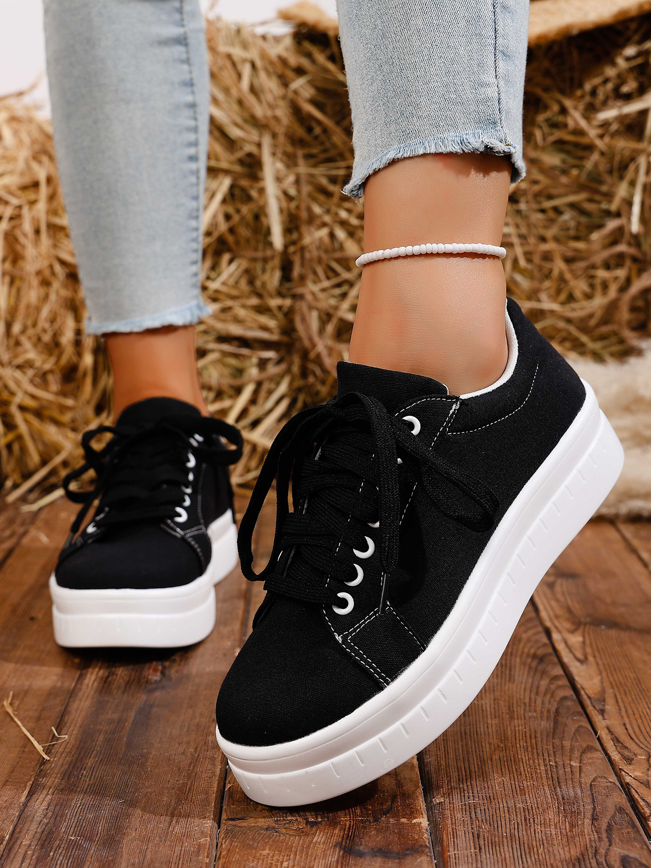 Women's Lace-up Casual Trainers For Women Round Toe Thick Sole_voghion.com