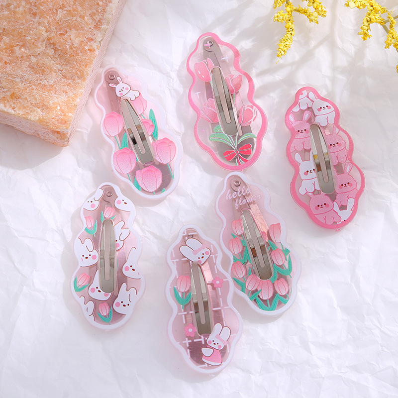 Girly Tulip Pink Rabbit Shell Bb Clip Cute Sweet Girl Cartoon Hair Clip Pink Bangs Hair Clip