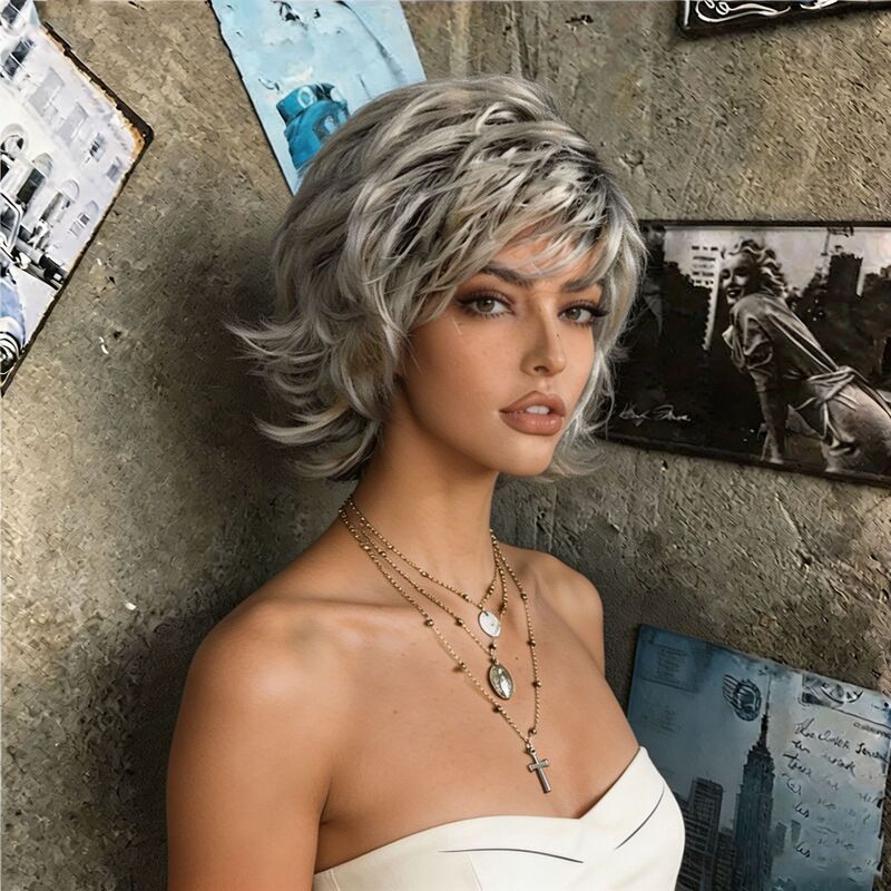 Women's Short Curly Wig Mixed Gray Color Full Head Wig Gradient Style Cross-Border European and American Factory Xuchang White