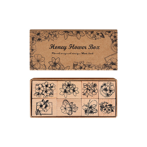 Yuezhen cross-border flower box honey language series handbook seal retro wooden plant flowers children's seal set 8 pieces