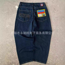 潮流新刺绣耐磨直筒外贸牛仔滑板裤新标宽松明星同款阔腿牛仔裤子