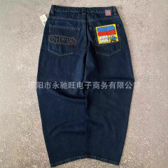 新しい刺繍の耐摩耗性のまっすぐな筒の外国貿易のデニムのスケートボードのズボンの新しい標準のゆるいスターの同じタイプのワイド脚のデニムのズボン