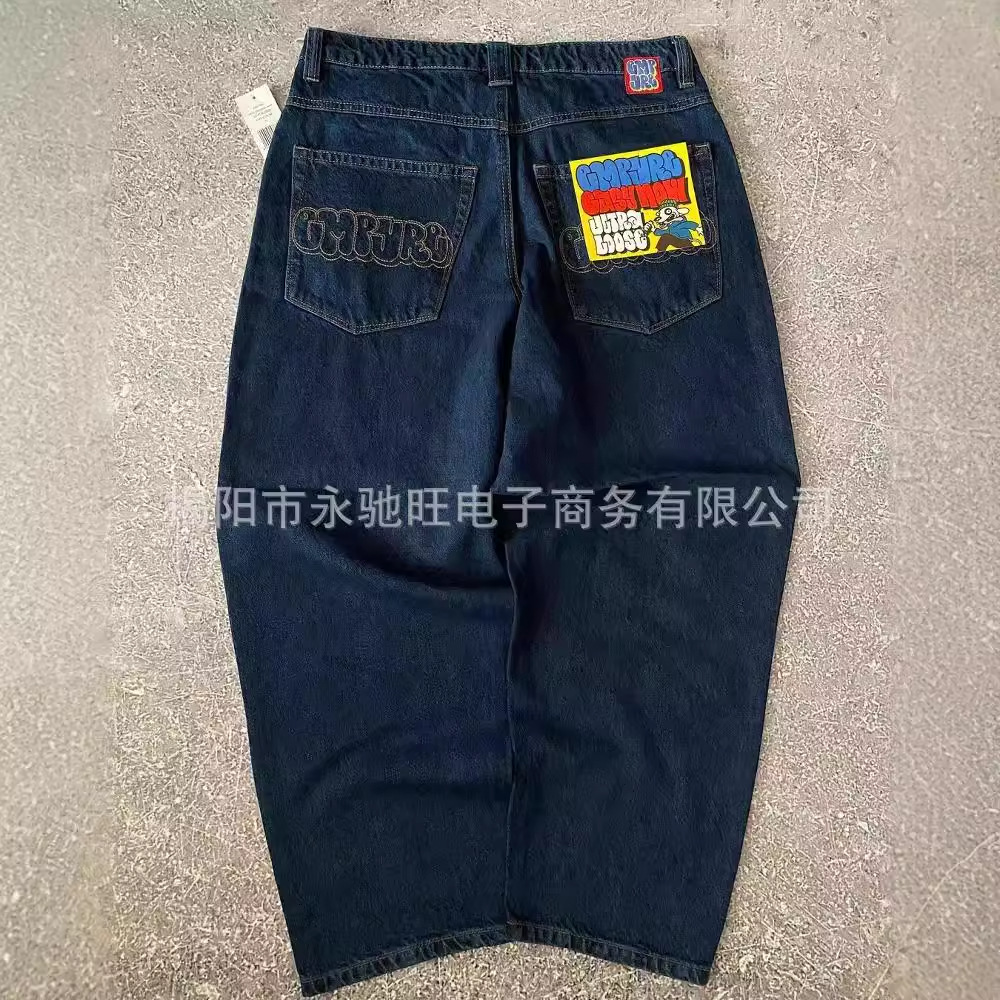 潮流新刺绣耐磨直筒外贸牛仔滑板裤新标宽松明星同款阔腿牛仔裤子