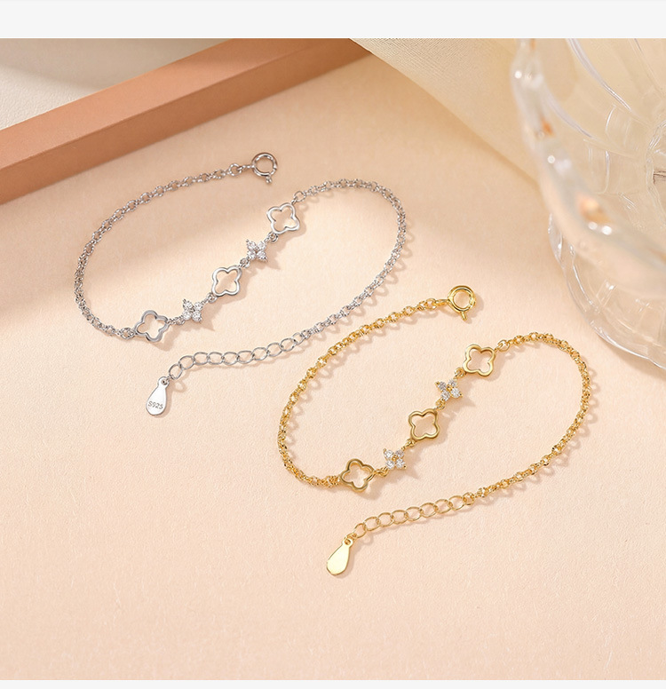 Vòng tay bạc S925 hình cỏ bốn lá nữ tính, phong cách tối giản — Bạc chi tiết 2