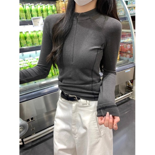 Dedeon T-shirt, Women's Fall/Winter 2025 Design-Driven Half-Turtleneck Zip-Up Top with Fishbone Pattern, Long-Sleeve Inner Layering Base Shirt