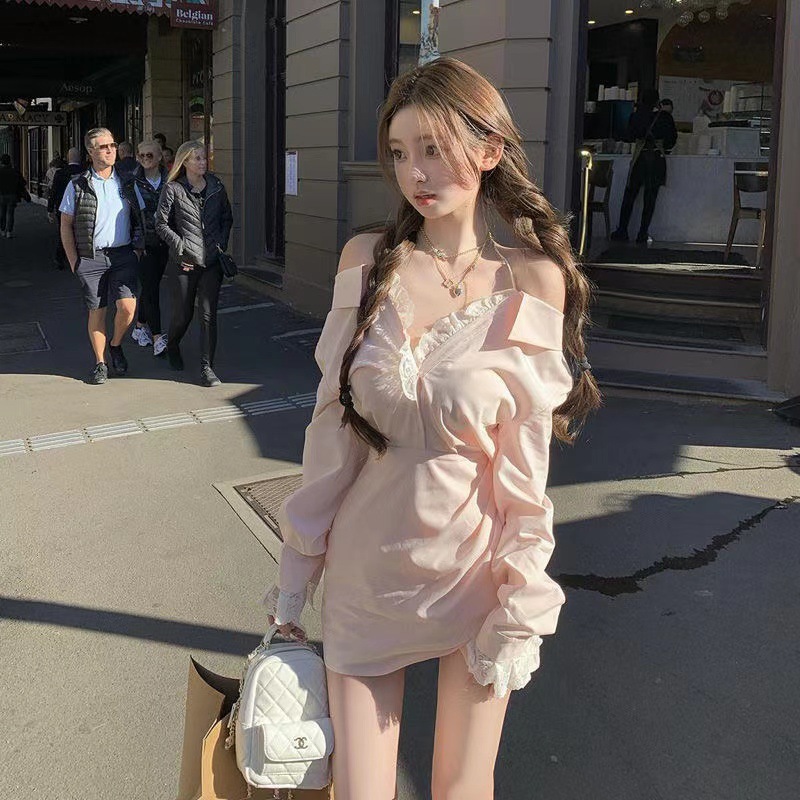 甜美长袖秋装短裙子修身连衣裙衬衫裙收腰蕾丝露肩翻领显瘦法式潮|undefined
