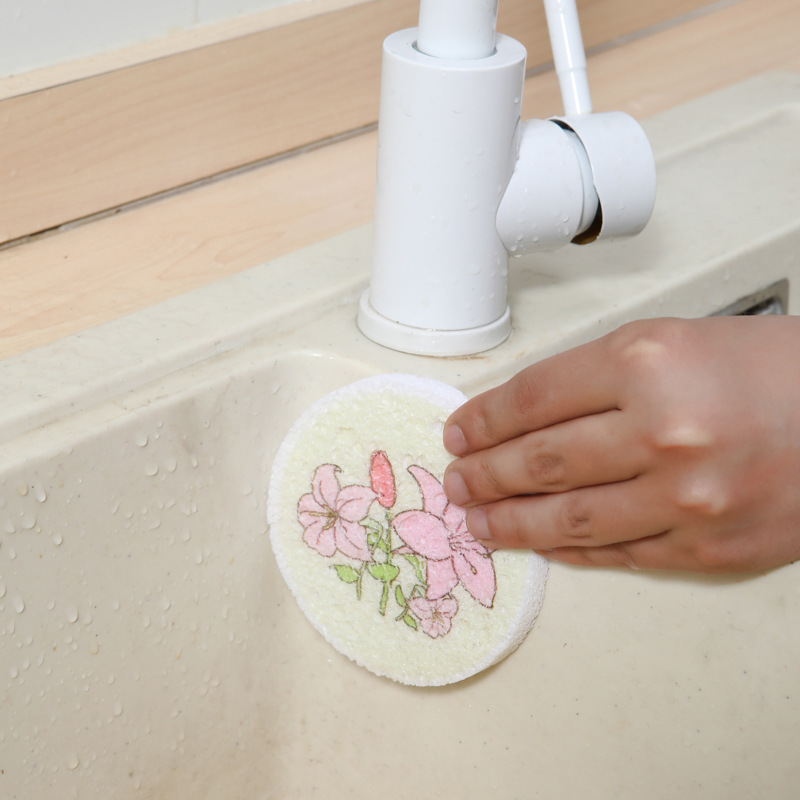 Flor redonda pulpa de madera esponja de algodón esponja comprimida absorbente paleta de madera esponja cepillo olla fabricante cocina trapo lavavajillas artefacto