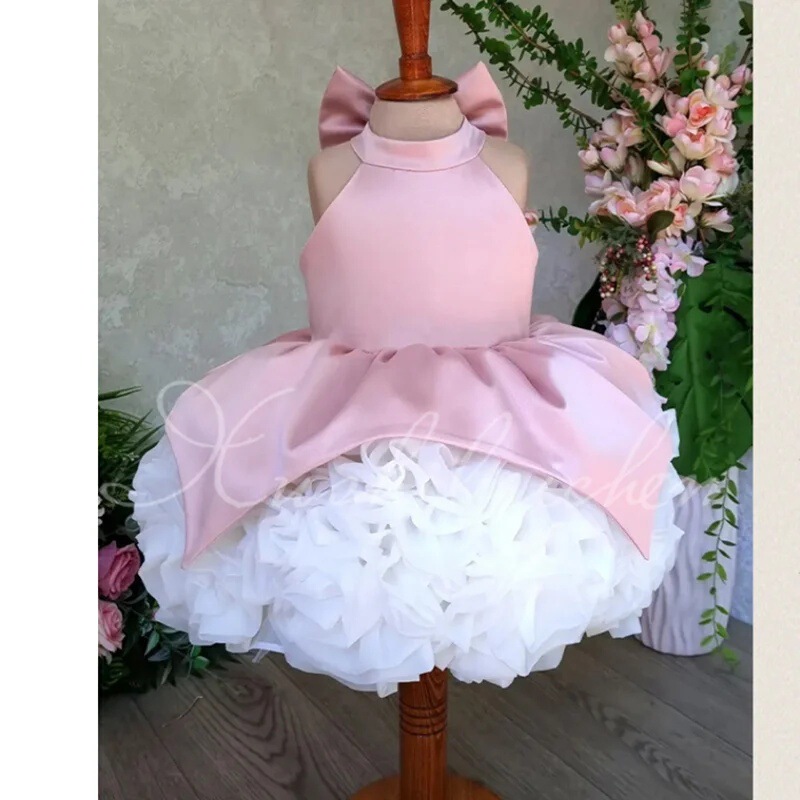 Children's Cute Bow Design Sleeveless Birthday Baptism Princess Ball Gown Girls Elegant Wedding Performance Dress