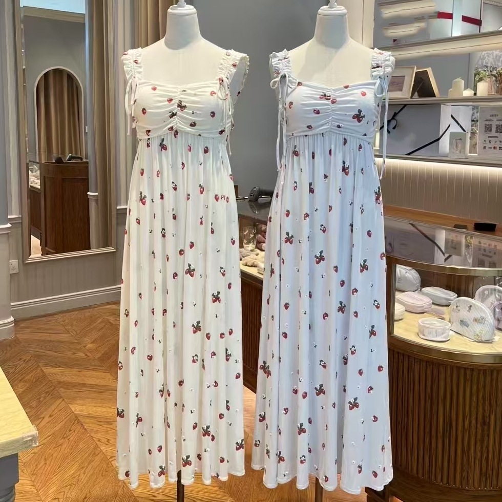 25 일 부드러운 사랑스러운 달콤한 인쇄 딸기 가슴 패드 부드러운 피부 친화적 인 슬링 나이트 가운 홈 옷