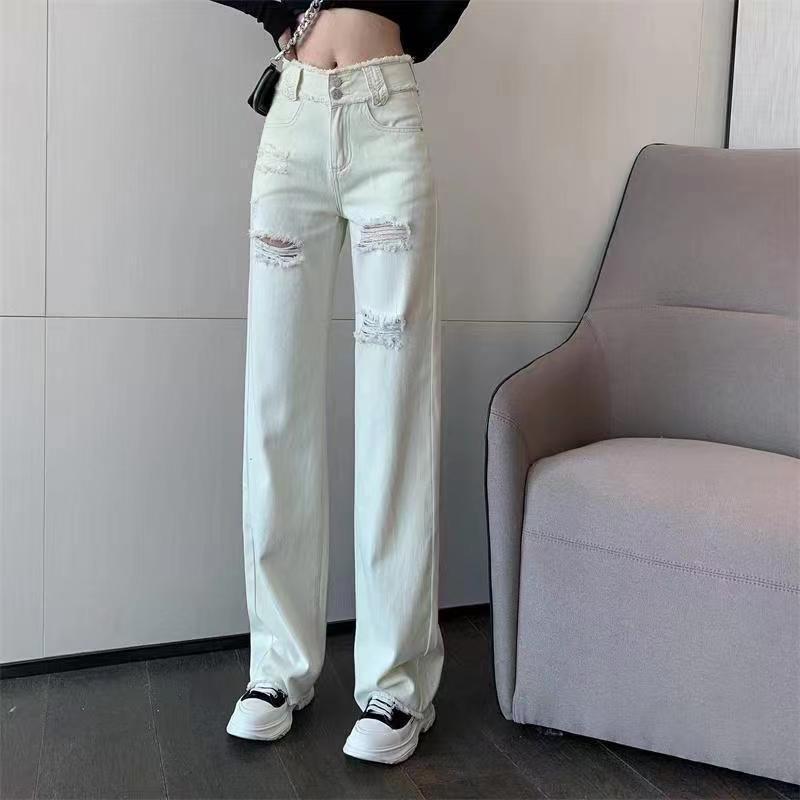 White high waist ripped jeans loose straight wide leg pants draping pants Korean style frayed trousers women's spring and summer