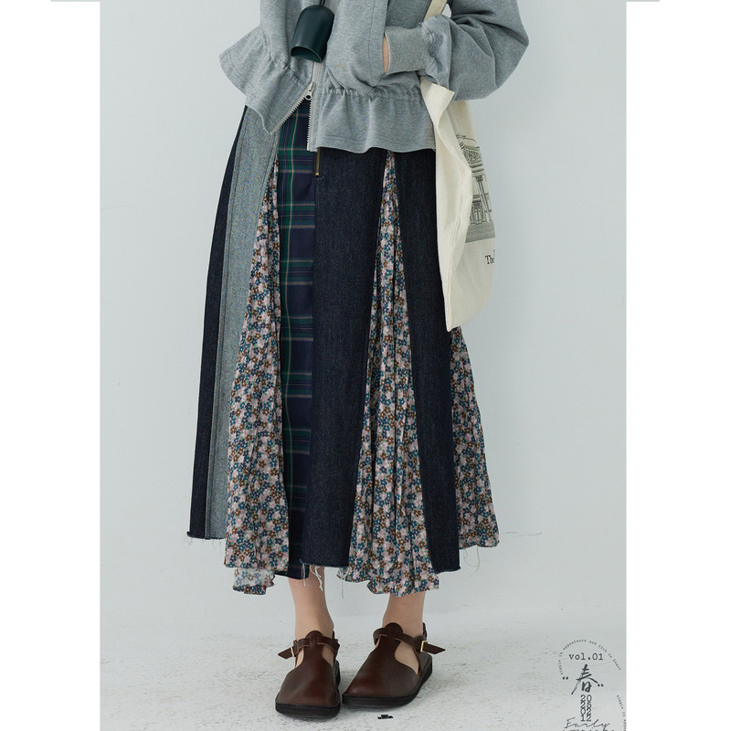 "Line Drawing Workroom" "Oliver District" Japanese Stray Style Design Stitching A- Line Skirt Denim Skirt "Line Drawing Workroom" "Oliver District" Japanese Stray Style Design Stitching A- Line Skirt Denim Skirt