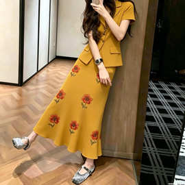 求职季西装开衫印花半身裙两件套女夏新品感一整套多巴胺套装