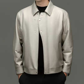 男士高端真皮绵羊皮皮夹克中年翻领商务休闲纯色百搭亮面皮衣男潮