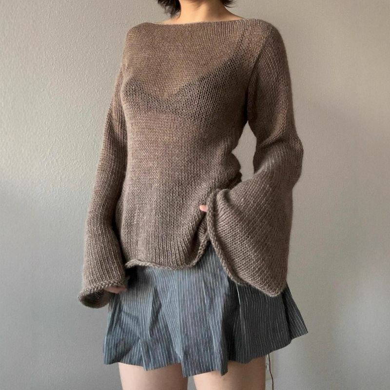 Autumn 2023 New Cross-border Women's Elegant Horn Sleeve Knitted Top Lace-up Sexy Backless Sweater