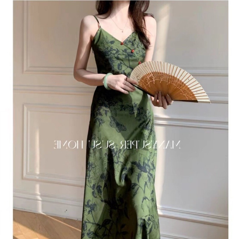 夏季新中式墨绿色高腰无袖吊带裙收腰显瘦遮肚子可爱薄款连衣裙女|undefined