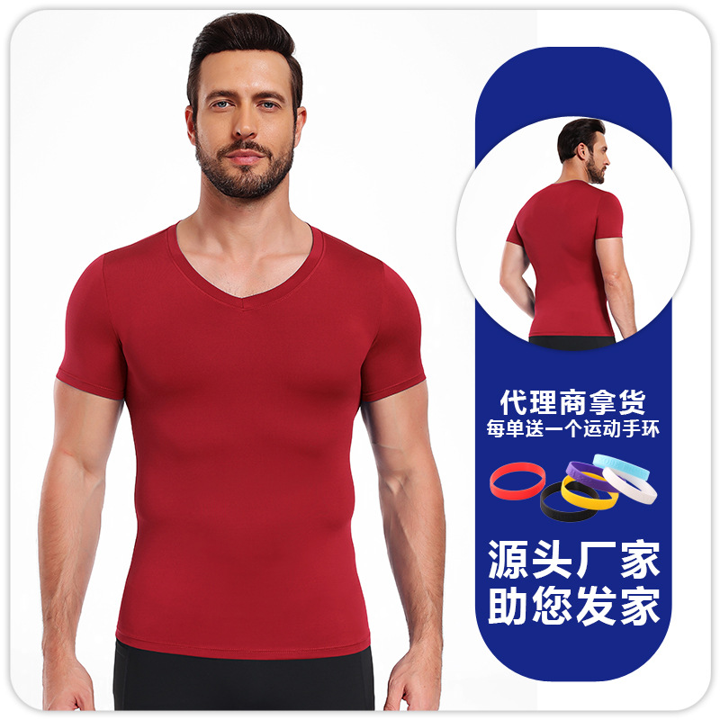 Hombres camiseta de cuello en V ajustado de color sólido de alto elástico camiseta deportiva de base rápida secado transpirable acondicionamiento físico correr baloncesto mangas cortas