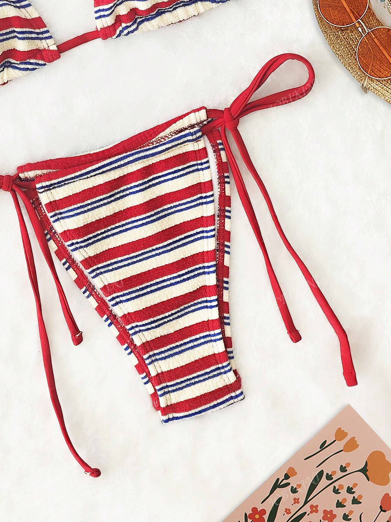 Ensemble bikini rayé taille basse deux pièces maillot de bain femme_voghion.com