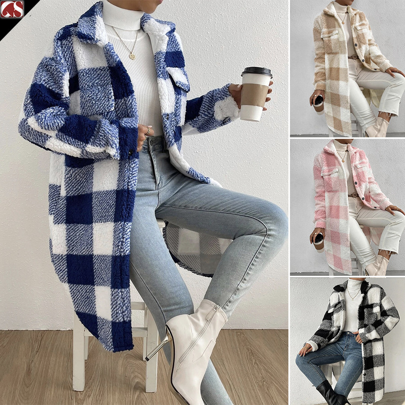 Cross-Border Amazon European and American Autumn and Winter Open Button Lapel Plush Plaid Outwear Loose Elegant Work Clothing Long Outwear for Women