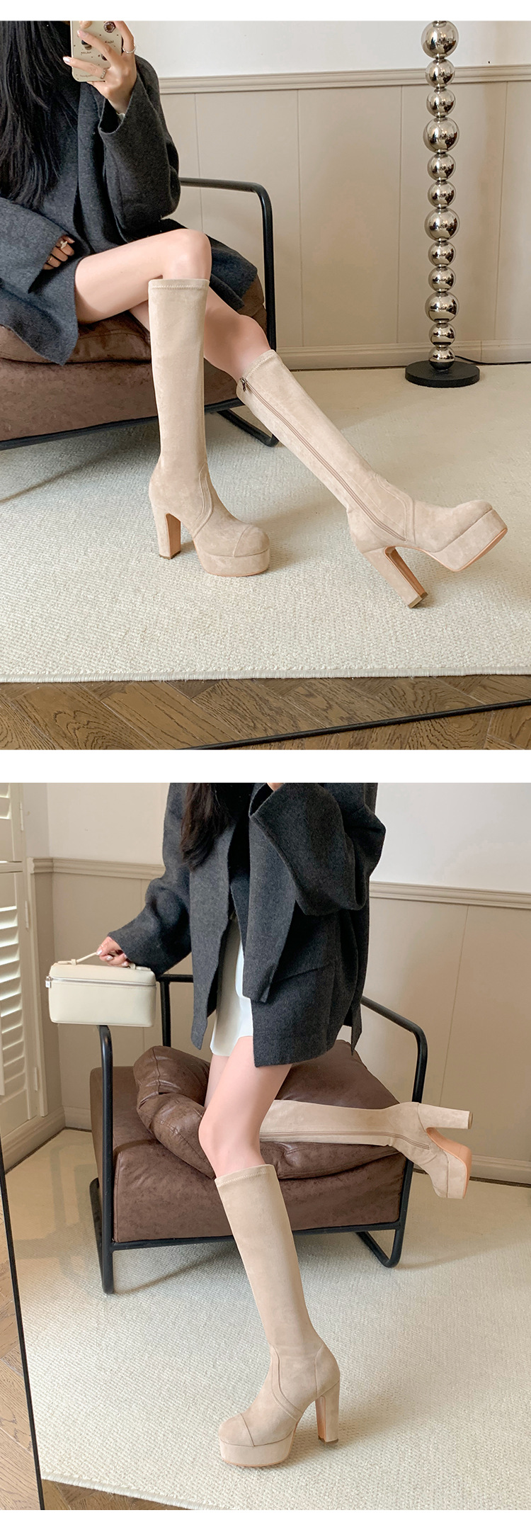 Boot nữ cổ cao ôm bắp chân gót 11cm đế platform mũi tròn — Quả mơ ống nhỏ đơn li, Lớp lót nhung lớn màu đen, Lớp lót nhung ống nhỏ màu mơ, Ống nhỏ màu đen đơn li chi tiết 14