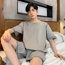 睡衣男士夏季人棉短袖短裤休闲青少年简约套头薄款男款家居服套装
