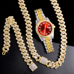 New fashionable diamond-encrusted hip-hop European and American style large dial quartz watch set 3pcs/set