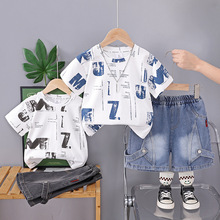 夏装牛仔裤女宽松中小童夏季新款短裤休闲裤洋气短袖上衣套装