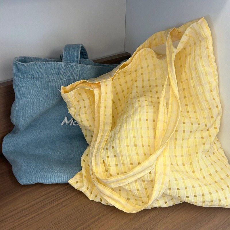 Yellow Plaid Tote Canvas Bag Women's Student Niche Designer Portable Crossbody Shoulder Large Capacity Eco Bag