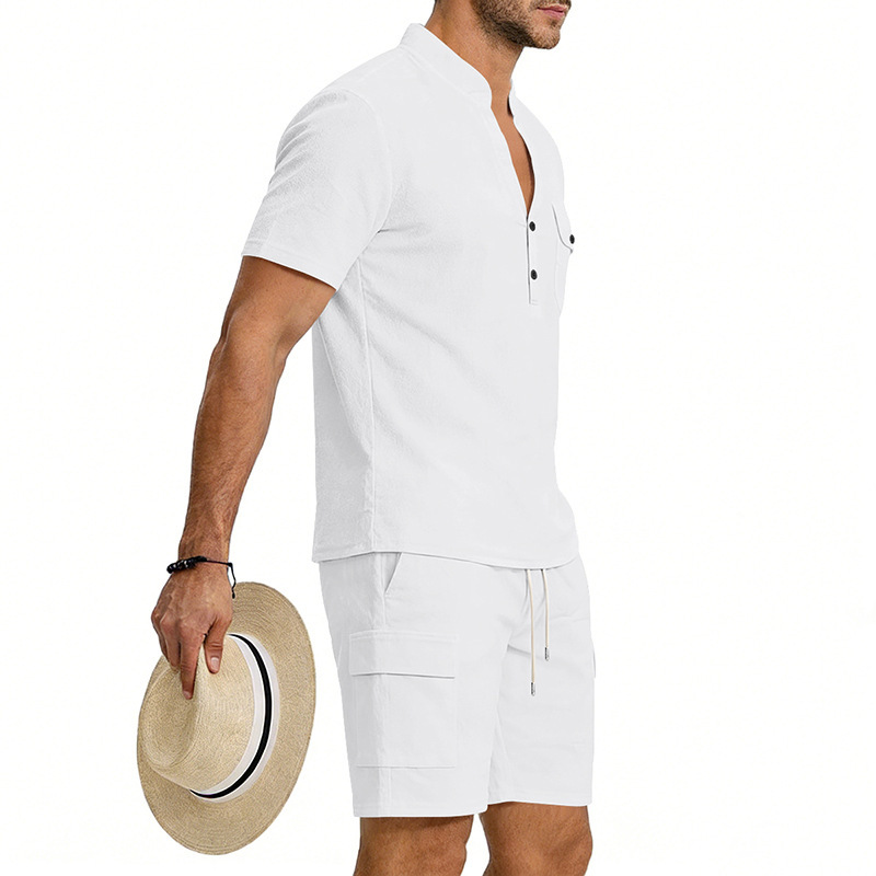 Men's Linen Henley Short Sleeve Shirt & Shorts Set, Breathable Summer Casual Outfit For Outdoor Travel And Daily Relaxation_viptrois.com
