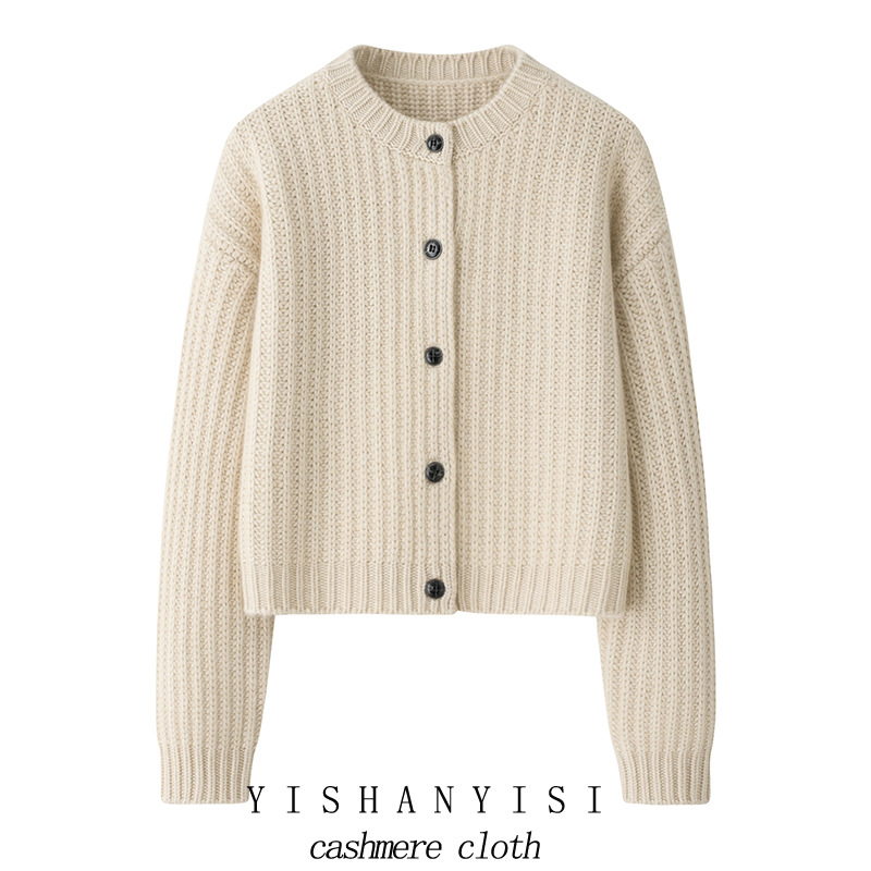 内蒙古~630克时尚短款圆领外套100纯山羊绒秋冬保暖宽松加厚开衫