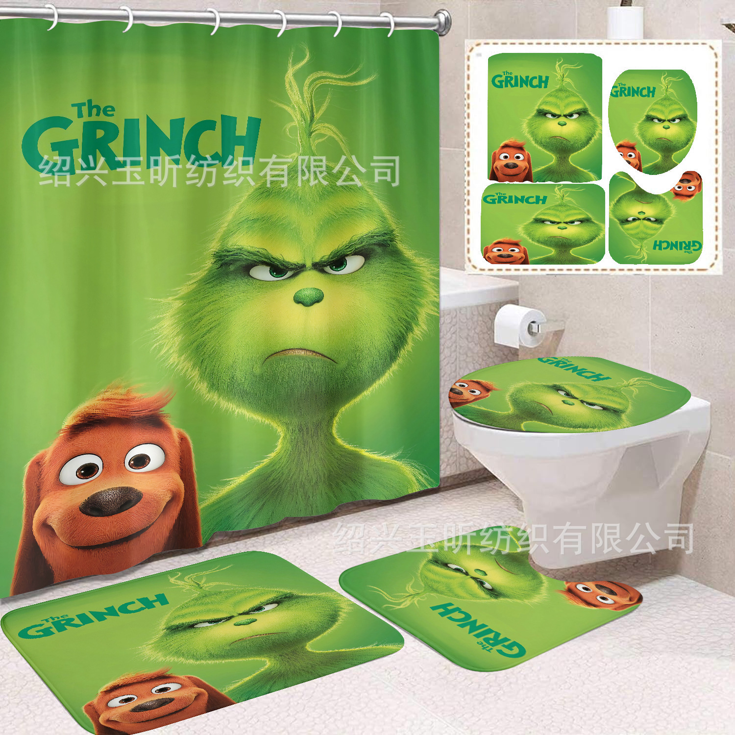 Tela de cortina de ducha transfronteriza, cortina de ducha impermeable, alfombra antideslizante de baño, juego de Grinch 4 de pelo verde al por mayor, sin perforación