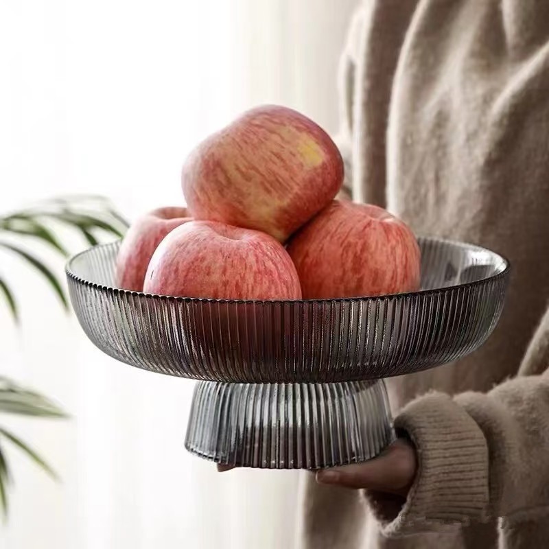 Plato de fruta alto de vidrio de lujo ligero, sala de estar para el hogar, plato de fruta exquisito, bandeja de refrigerio de alta calidad, vajilla al por mayor