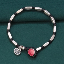 S925纯银方形方块泰国蜡绳手工编织手链 复古简约吉祥如意锁手绳