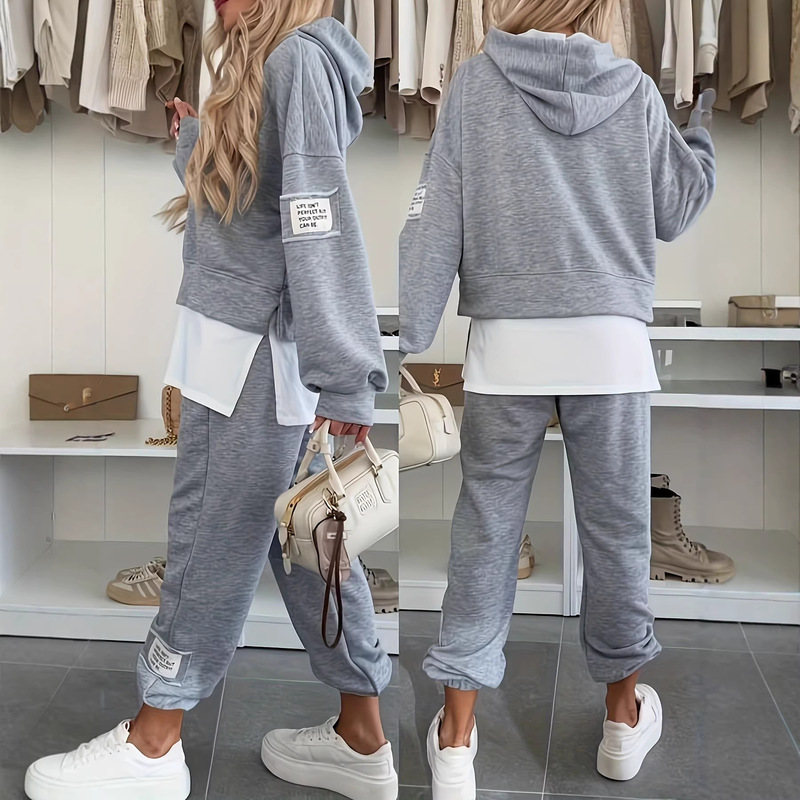 Cross-Border 2025 New Amazon Independent Site European and American Fashion Hooded Patchwork Casual Sweatshirt Set for Women Cross-Border 2025 New Amazon Independent Site European and American Fashion Hooded Patchwork Casual Sweatshirt Set for Women