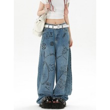 2023牛仔裤美式高街手绘涂鸦设计感水洗复古宽松阔腿裤子潮