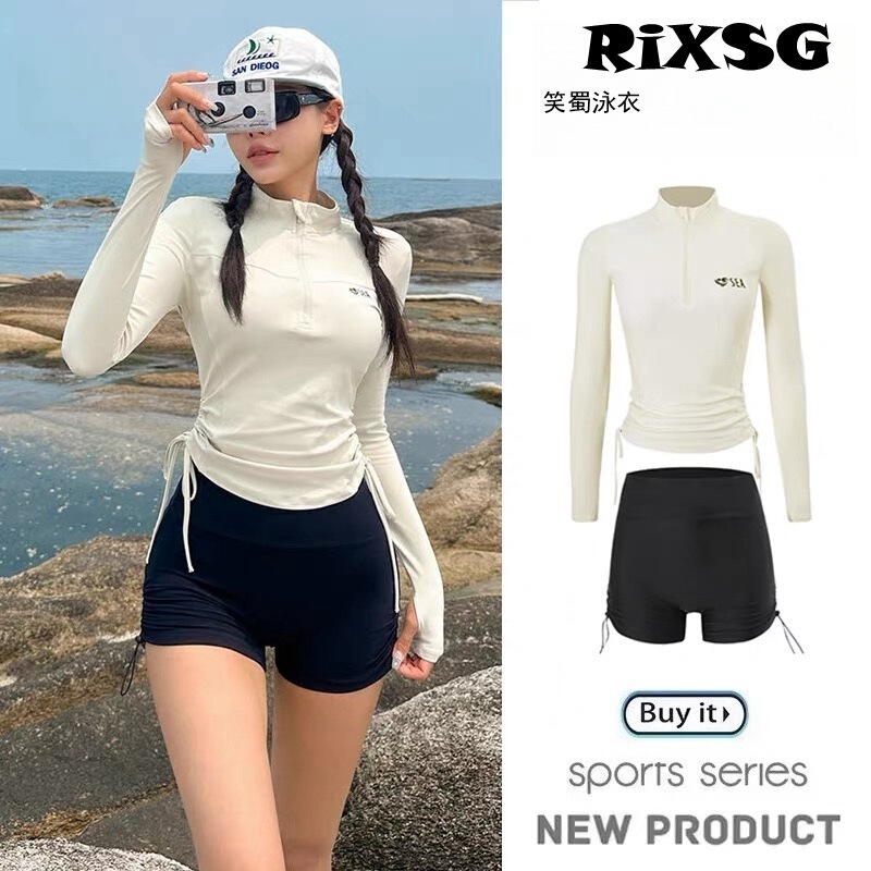 Swimsuit, Sports Style, Long-Sleeved, Sun Protection, Two-Piece Set, Conservative Belly-Covering, Slimming Look, Drawstring, Boxer, Hot Spring Vacation