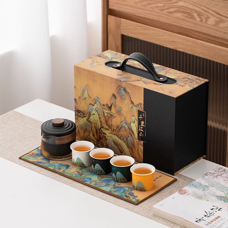 千里江山茶具套裝玻璃側把壺一壺四杯禮盒裝家用功夫茶具商務禮品