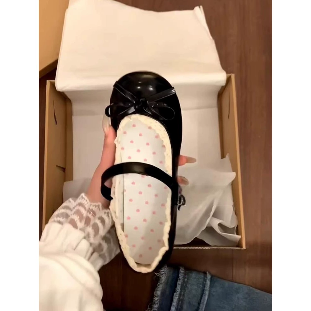 Черные ретро туфли Мэри Джейн для женщин весна 2025, круглый носок, бант, толстая подошва, маленькие кожаные туфли, толстый каблук, неглубокий вырез, балетки