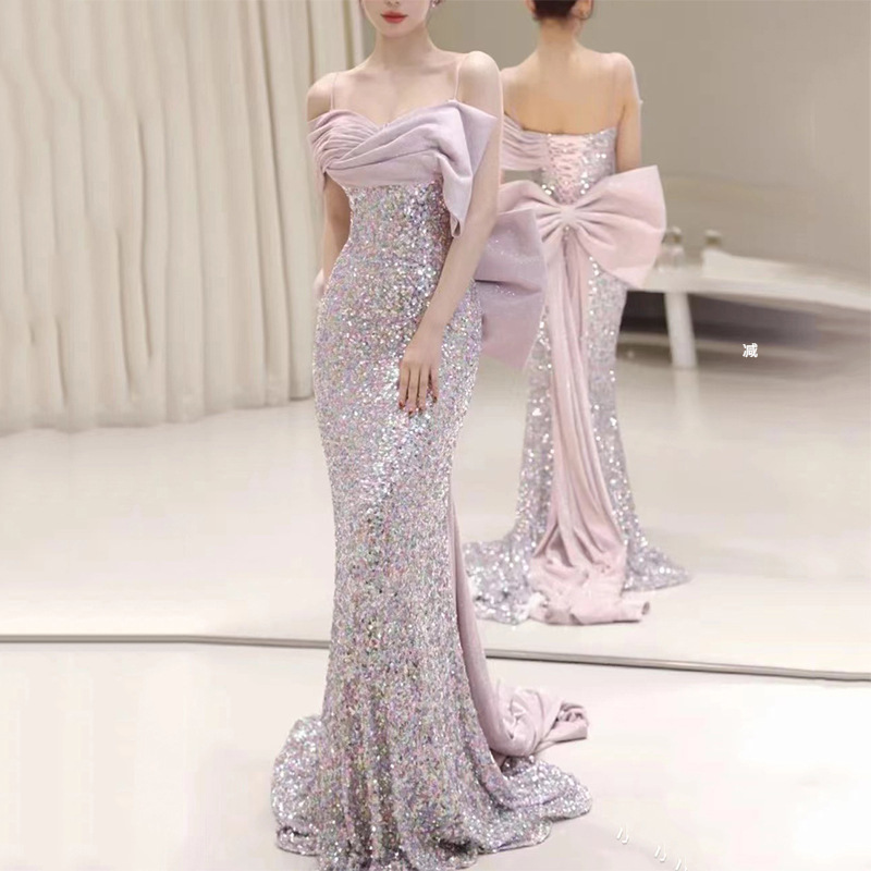 Light purple host off-shoulder model catwalk Starry Sky toast suit sequins annual meeting Super fairy fishtail adult dress