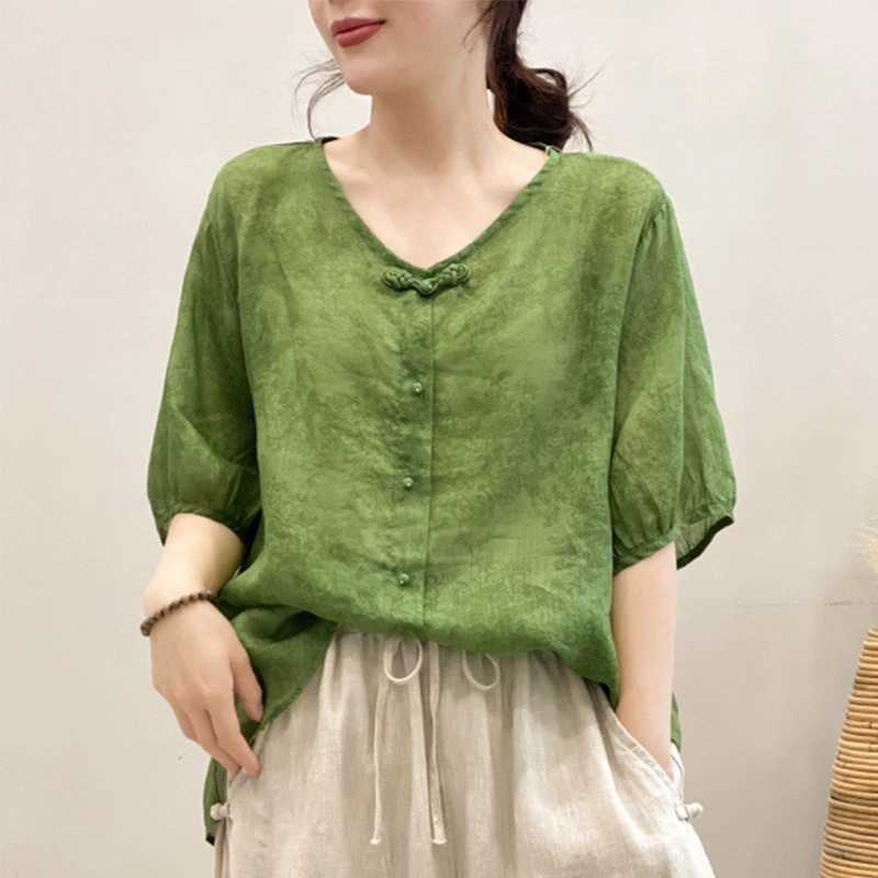 Ретро национальный ветер пуговица хлопчатобумажная рубашка женская летняя тонкая свободная тонкая и тонкая новая китайская V-образная рубашка с семью рукавами