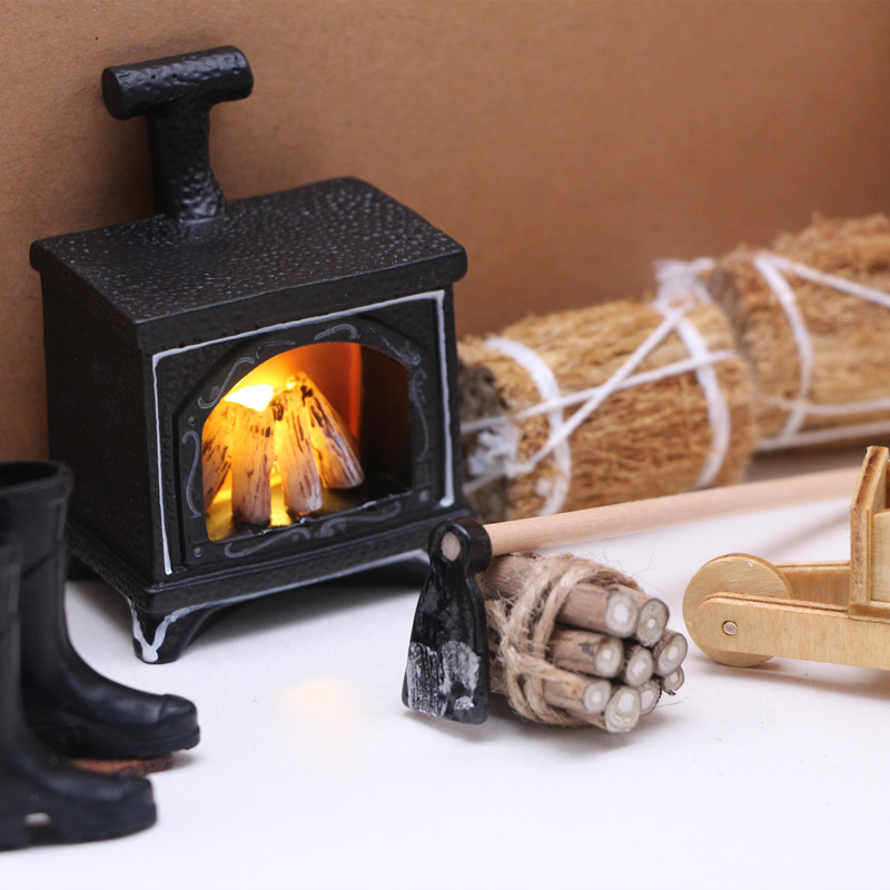 Doll House Winter Scene Set Accessories Mini Straw Bag Miniature Wooden Match Cart Brightening Fireplace