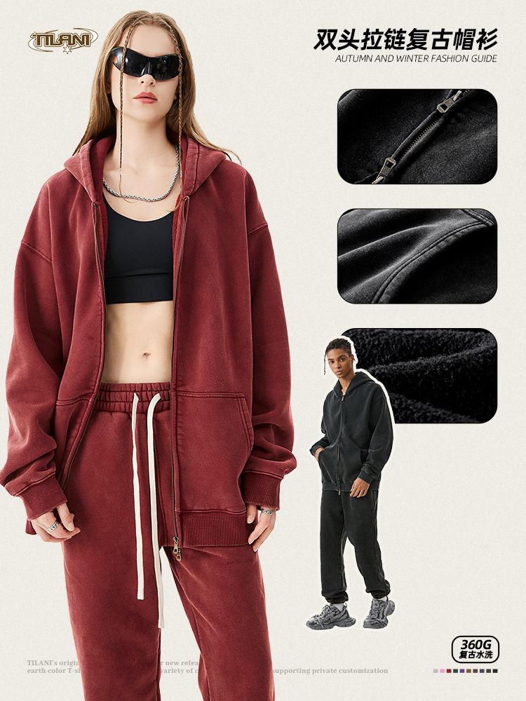 TILANI suéter de los hombres cardigan forrado de lana engrosada cremallera abrigo 360g lavado vintage encerado casual Sudadera con capucha