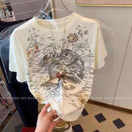 高弹棉正肩短袖T恤女修身显瘦纯欲风小个子时尚印花百搭半袖