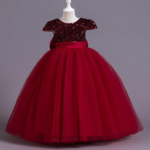 Girls' dress, evening dress, sequin mesh tutu skirt, long princess dress, sweet bow on the back